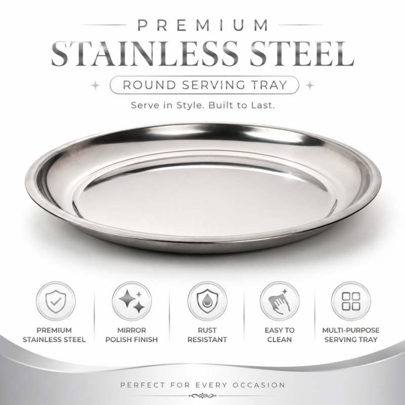 Stainless Steel Round Serving Tray – Mirror Polish Silver (40 x 4cm)
