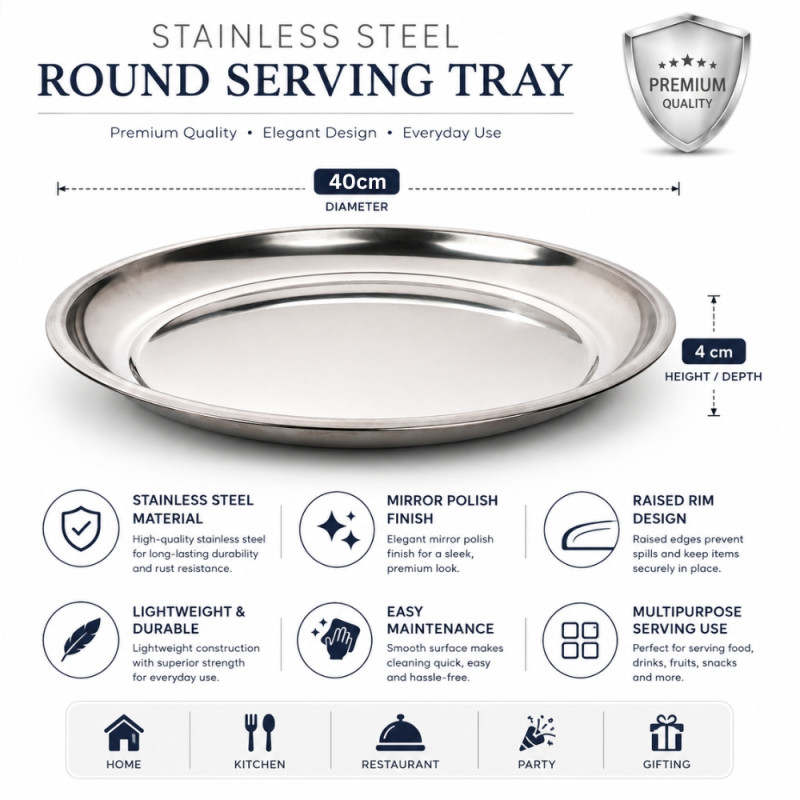 Stainless Steel Round Serving Tray – Mirror Polish Silver (40 x 4cm)