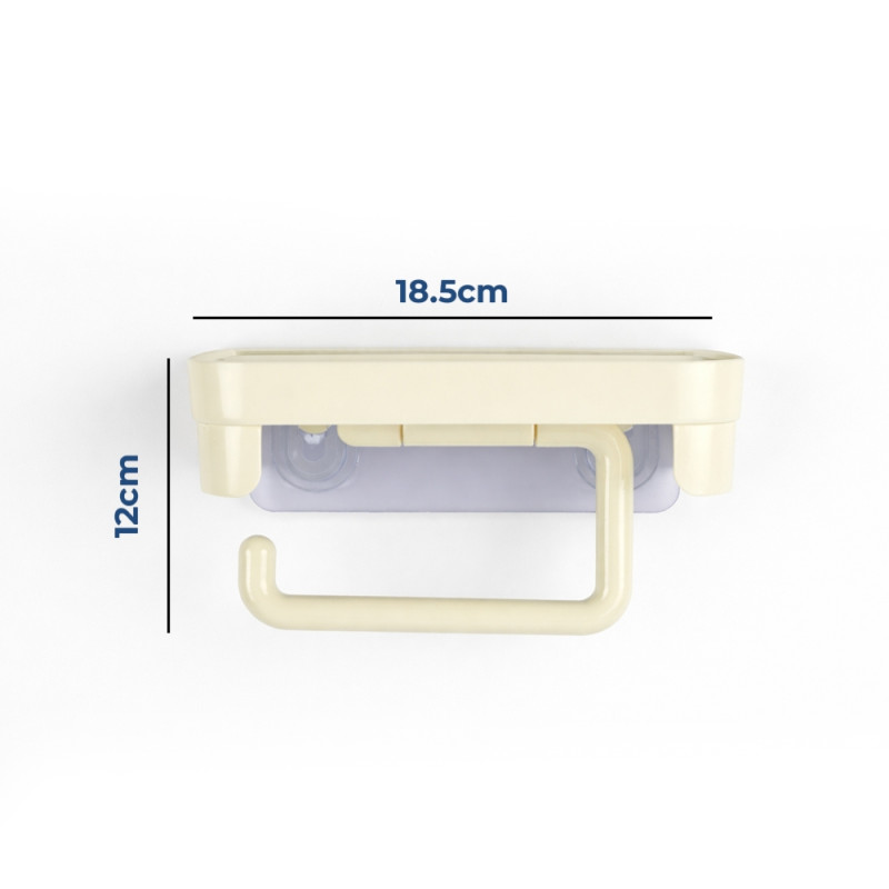 Modern Ivory Suction Cup Toilet Paper Holder – Integrated Storage Shelf (18.5 x 12cm)