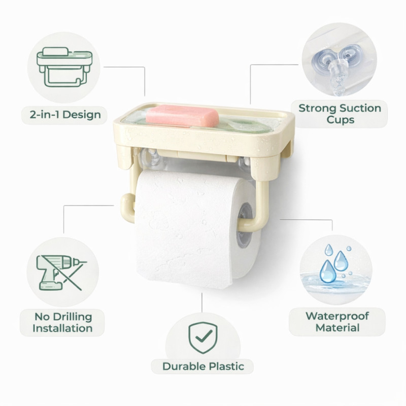Modern Ivory Suction Cup Toilet Paper Holder – Integrated Storage Shelf (18.5 x 12cm)