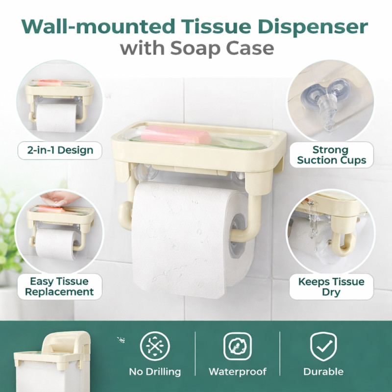 Modern Ivory Suction Cup Toilet Paper Holder – Integrated Storage Shelf (18.5 x 12cm)