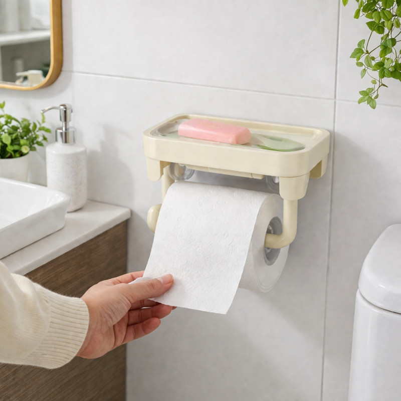 Modern Ivory Suction Cup Toilet Paper Holder – Integrated Storage Shelf (18.5 x 12cm)