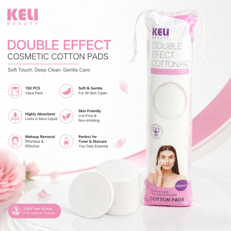 Whimsical 150-piece pack of Keli Beauty Double Effect cotton pads designed for makeup removal and applying toner – White (32cm)