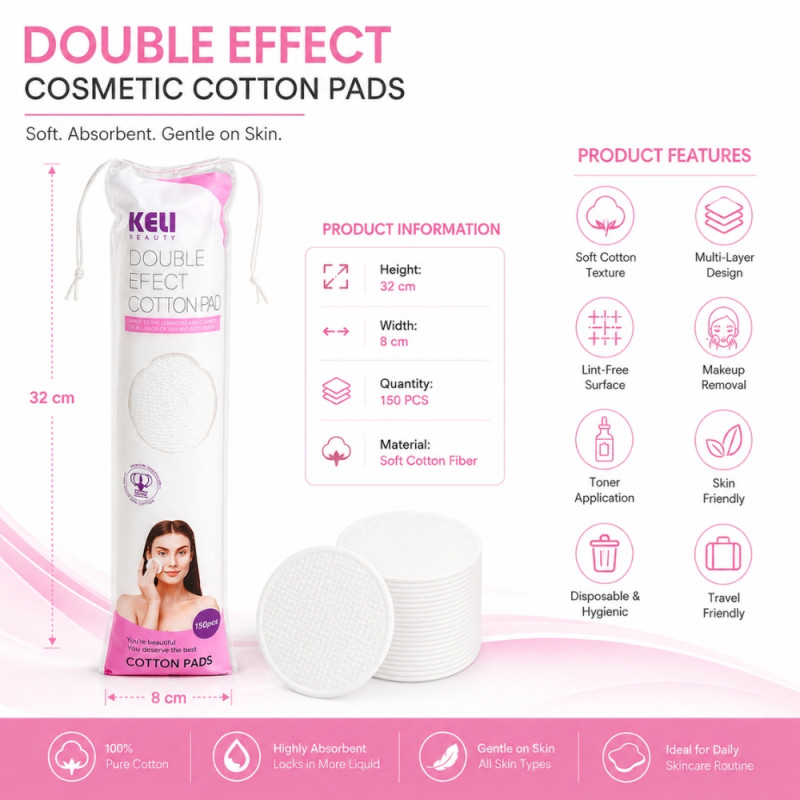 Whimsical 150-piece pack of Keli Beauty Double Effect cotton pads designed for makeup removal and applying toner – White (32cm)