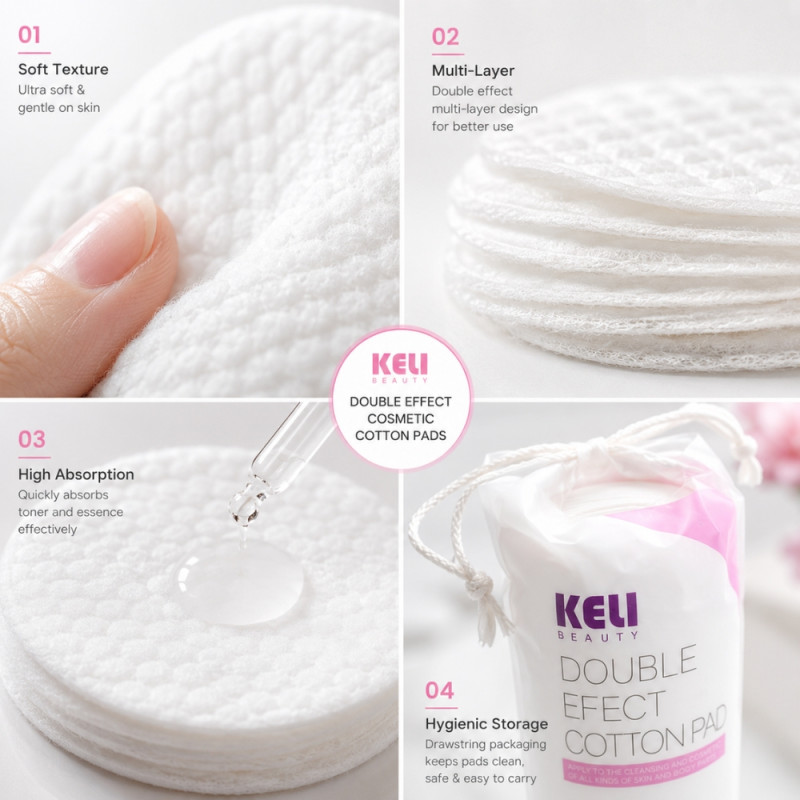 Whimsical 150-piece pack of Keli Beauty Double Effect cotton pads designed for makeup removal and applying toner – White (32cm)