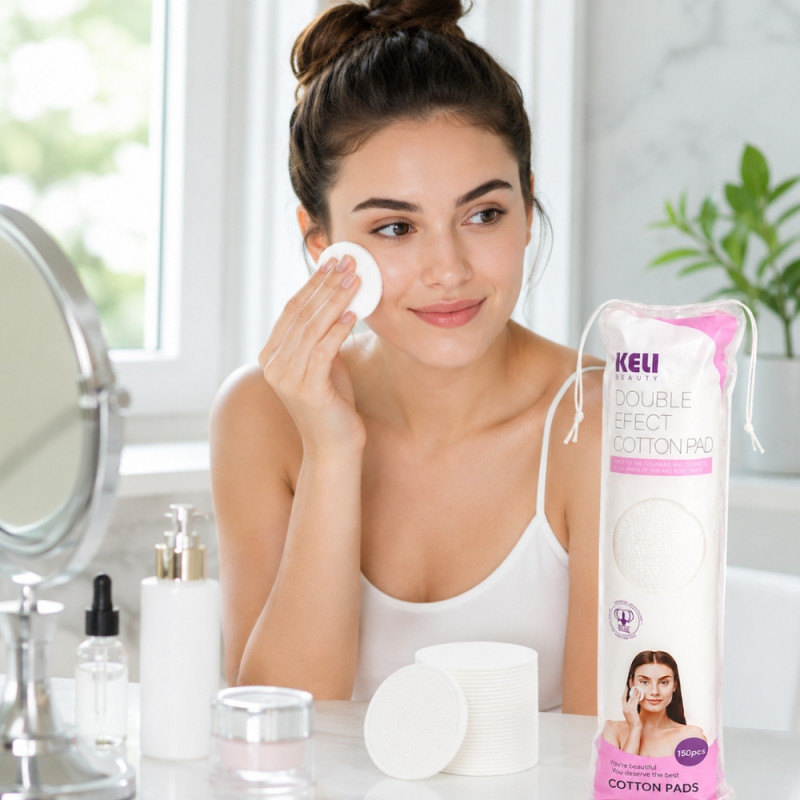Whimsical 150-piece pack of Keli Beauty Double Effect cotton pads designed for makeup removal and applying toner – White (32cm)