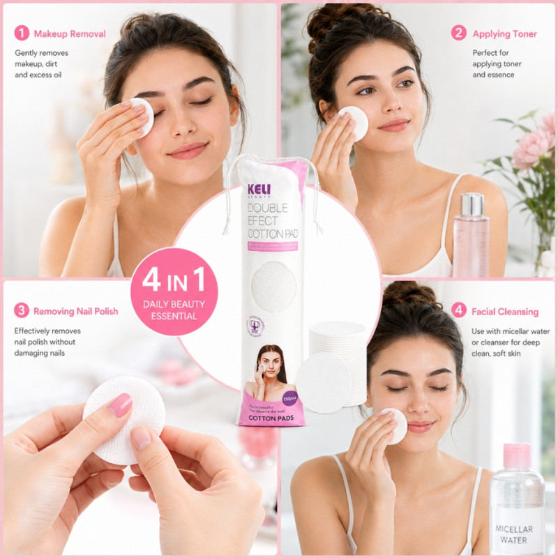 Whimsical 150-piece pack of Keli Beauty Double Effect cotton pads designed for makeup removal and applying toner – White (32cm)