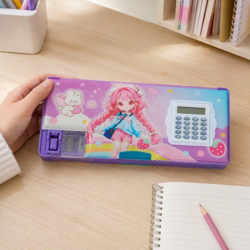 Kawaii Pencil Case with Calculator – Purple (Small)