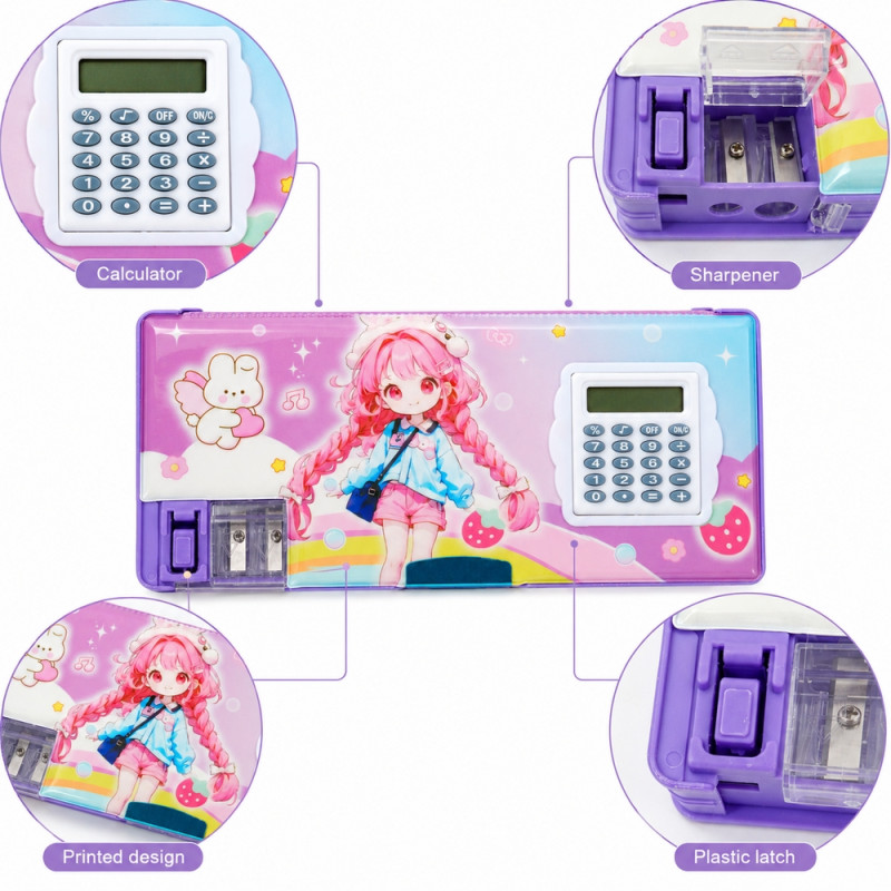 Kawaii Pencil Case with Calculator – Purple (Small)