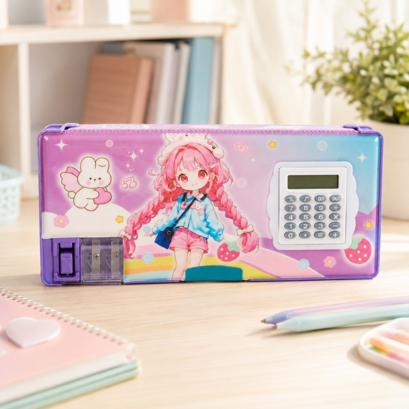 Kawaii Pencil Case with Calculator – Purple (Small)