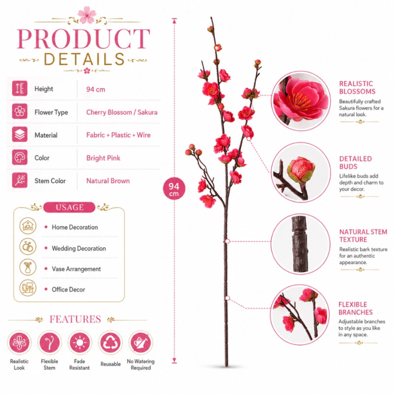 Signature Max Artificial Cherry Blossom Stem Designed for Home Décor &amp; Event Styling – Pink (H-94 CM)