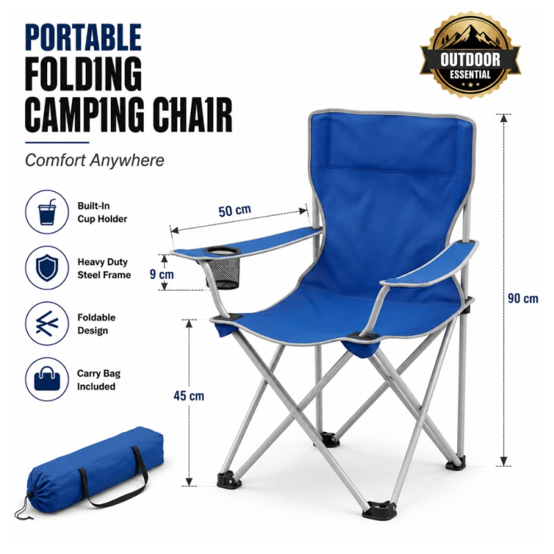 Fine Care Beach Chair Designed for Comfort &amp; Outdoor Adventures – Navy Blue (H-45, W-50, L-90 CM)