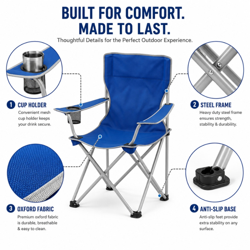 Fine Care Beach Chair Designed for Comfort &amp; Outdoor Adventures – Navy Blue (H-45, W-50, L-90 CM)
