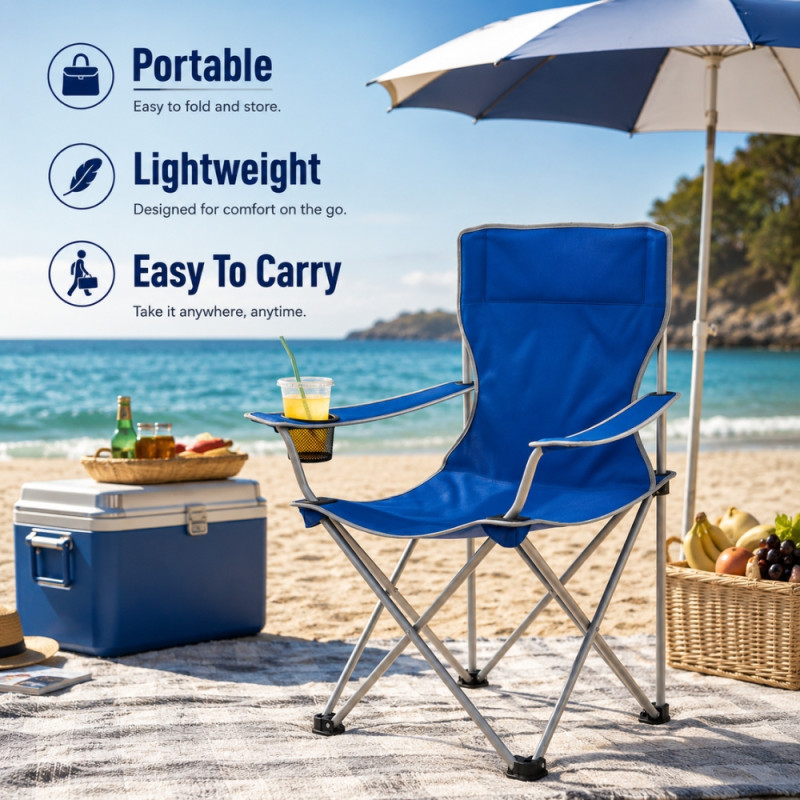 Fine Care Beach Chair Designed for Comfort &amp; Outdoor Adventures – Navy Blue (H-45, W-50, L-90 CM)
