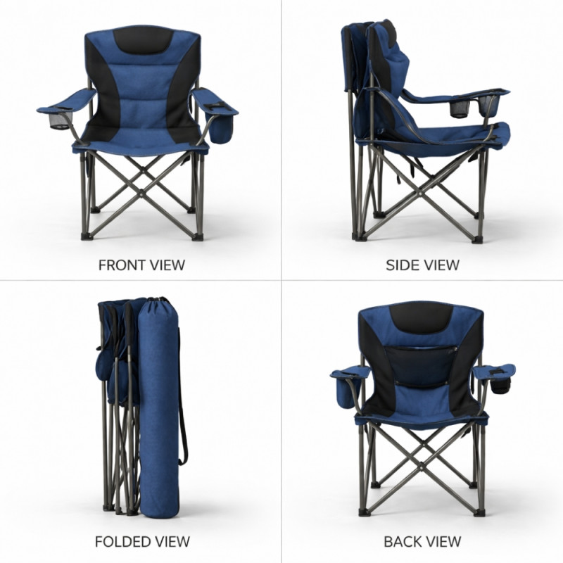 Professional Portable Folding Camping Chair – Blue &amp; Black High-Back Edition (100cm)