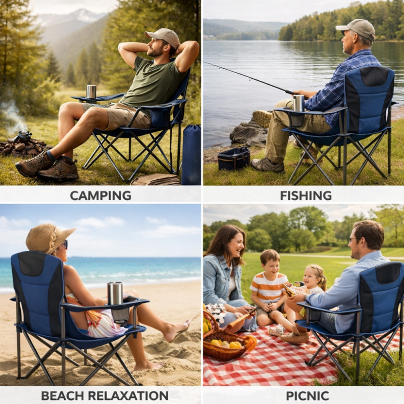 Professional Portable Folding Camping Chair – Blue &amp; Black High-Back Edition (100cm)