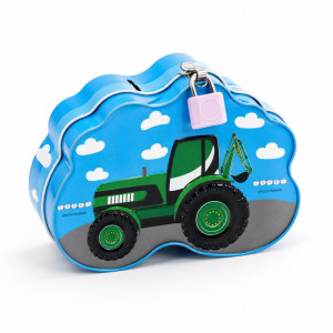 Blue Metal Tractor-Shaped Piggy Bank – Secure Lock & Key – 9.5x14cm