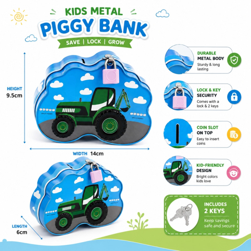 Blue Metal Tractor-Shaped Piggy Bank – Secure Lock & Key – 9.5x14cm