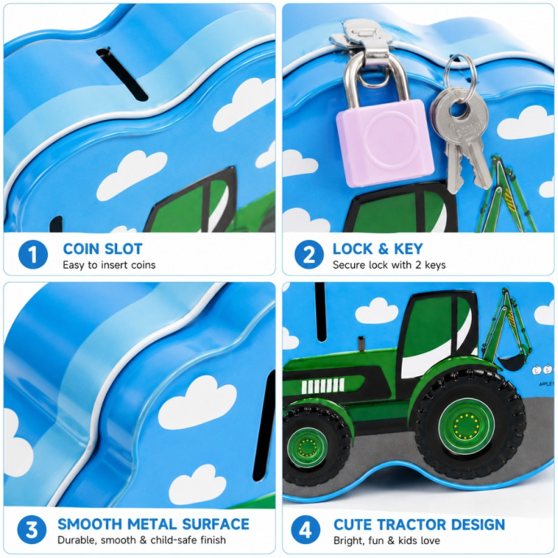 Blue Metal Tractor-Shaped Piggy Bank – Secure Lock & Key – 9.5x14cm