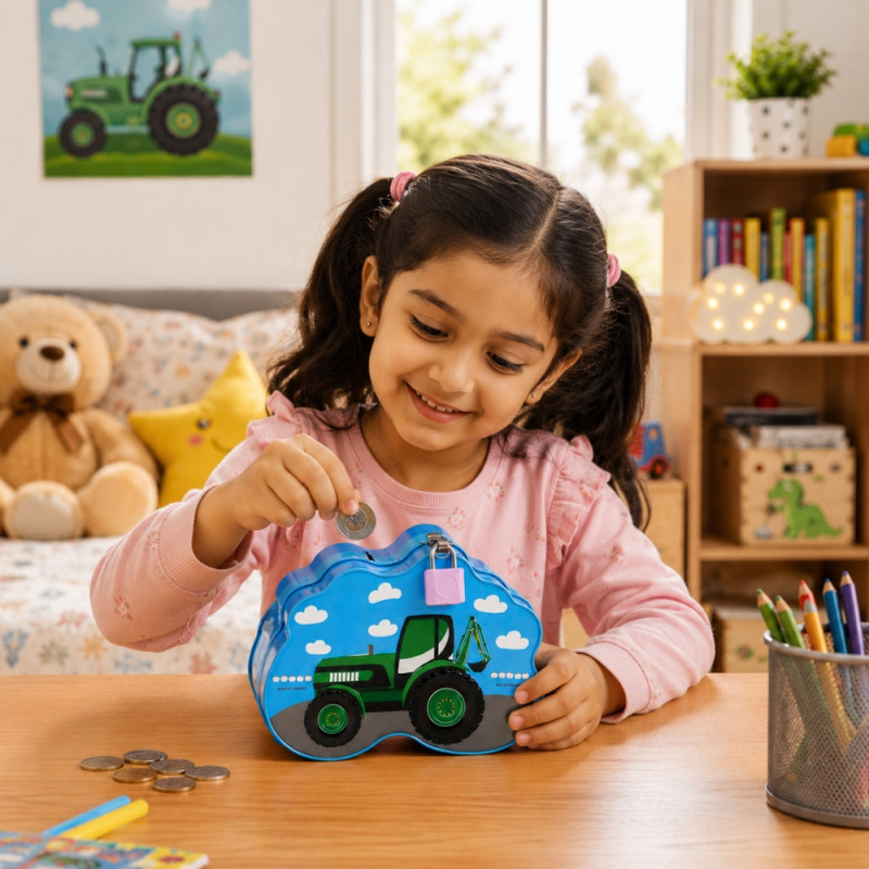 Blue Metal Tractor-Shaped Piggy Bank – Secure Lock & Key – 9.5x14cm