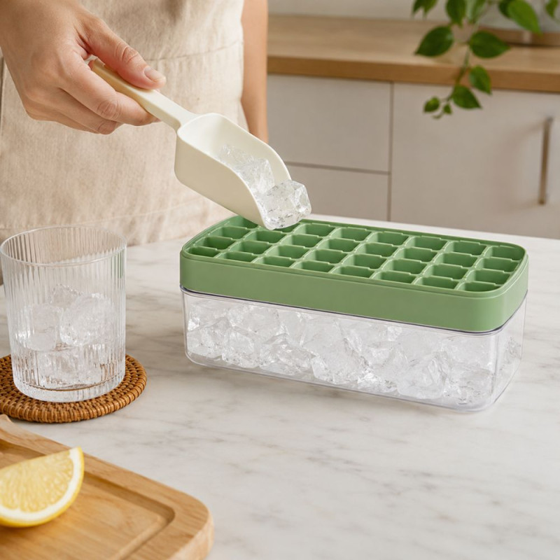 Ice Cube Tray with Scoop – Light Green (H-10cm X W-22cm)