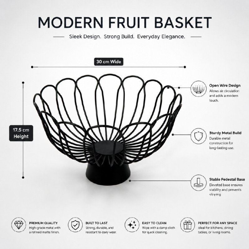 black metal fruit basket with a modern, wire-frame design; 30 x 17.5 cm; Black
