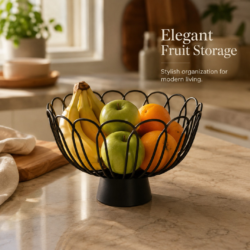 black metal fruit basket with a modern, wire-frame design; 30 x 17.5 cm; Black