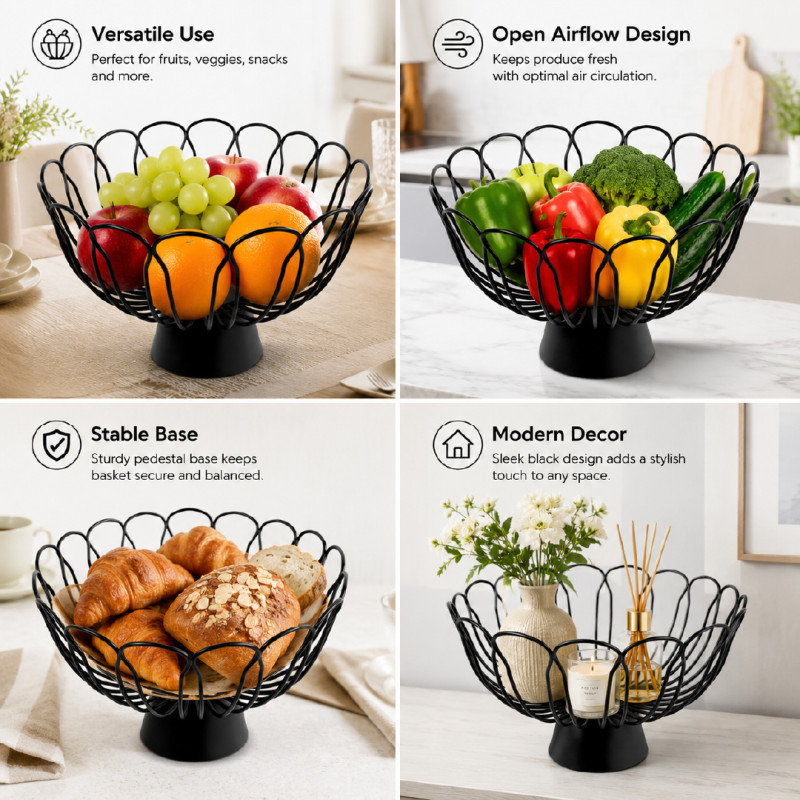 black metal fruit basket with a modern, wire-frame design; 30 x 17.5 cm; Black