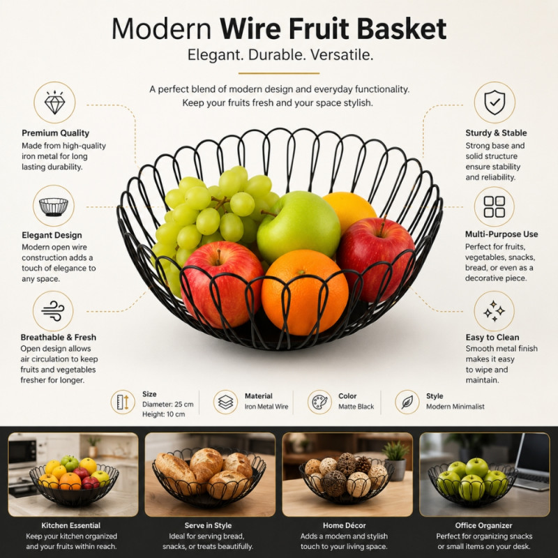 Patriot matte black metal wire fruit basket with a modern open design – Black (10 x 25cm)