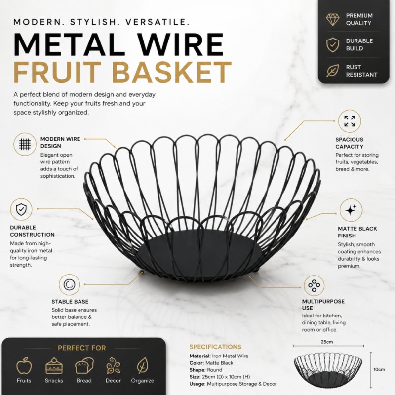 Patriot matte black metal wire fruit basket with a modern open design – Black (10 x 25cm)