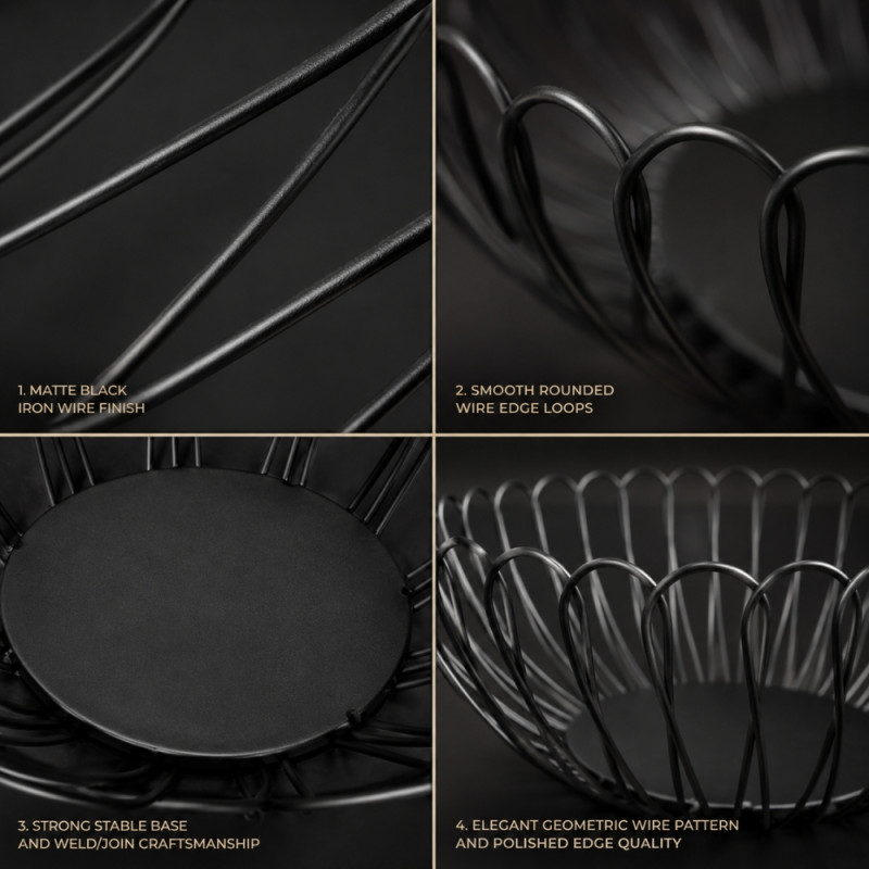 Patriot matte black metal wire fruit basket with a modern open design – Black (10 x 25cm)