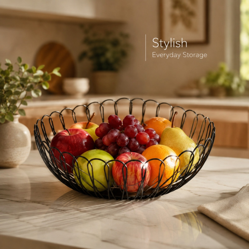 Patriot matte black metal wire fruit basket with a modern open design – Black (10 x 25cm)