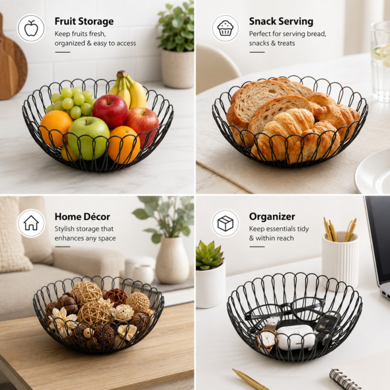Patriot matte black metal wire fruit basket with a modern open design – Black (10 x 25cm)