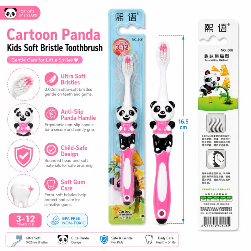 Serene Smartcare panda-themed kids' toothbrush with soft bristles – Black &amp; White &amp; Light Pink (16.5cm)