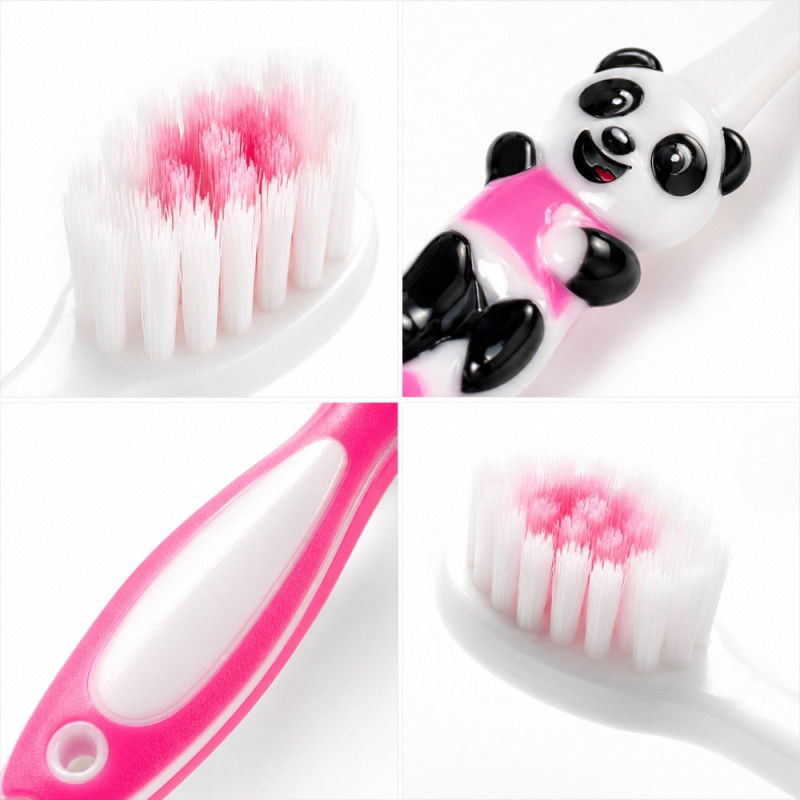 Serene Smartcare panda-themed kids' toothbrush with soft bristles – Black &amp; White &amp; Light Pink (16.5cm)