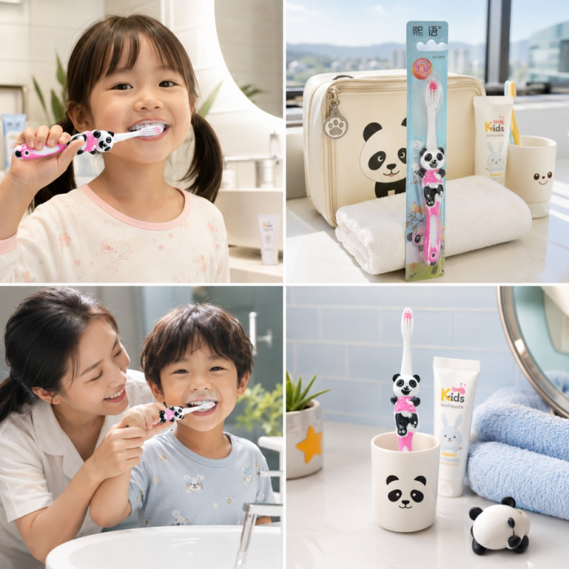 Serene Smartcare panda-themed kids' toothbrush with soft bristles – Black &amp; White &amp; Light Pink (16.5cm)