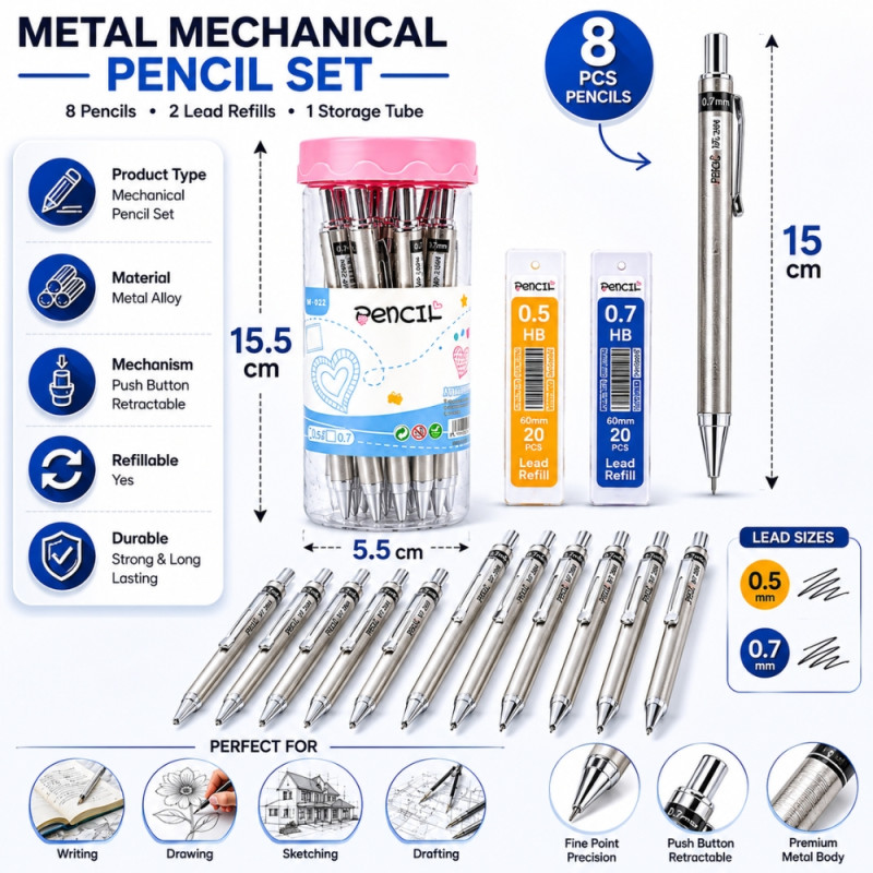 Elegant Metal Mechanical Pencil Set – Silver (Single)