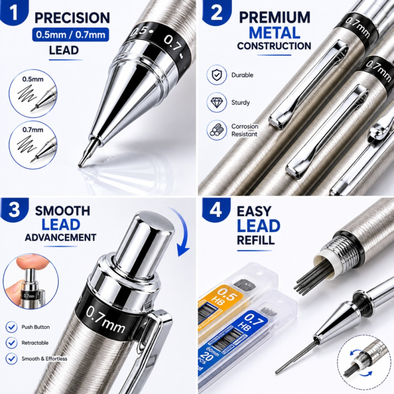 Elegant Metal Mechanical Pencil Set – Silver (Single)