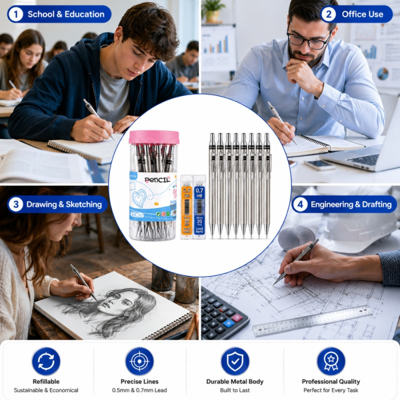Elegant Metal Mechanical Pencil Set – Silver (Single)