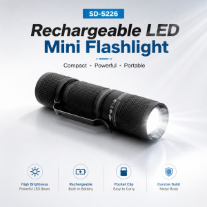 Mini Rechargeable LED Pocket Flashlight – Black (8.5x2cm)