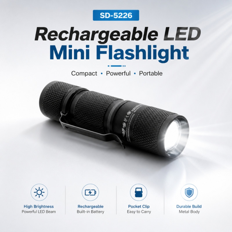 Mini Rechargeable LED Pocket Flashlight – Black (8.5x2cm)