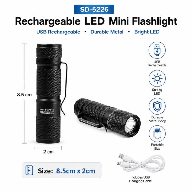 Mini Rechargeable LED Pocket Flashlight – Black (8.5x2cm)