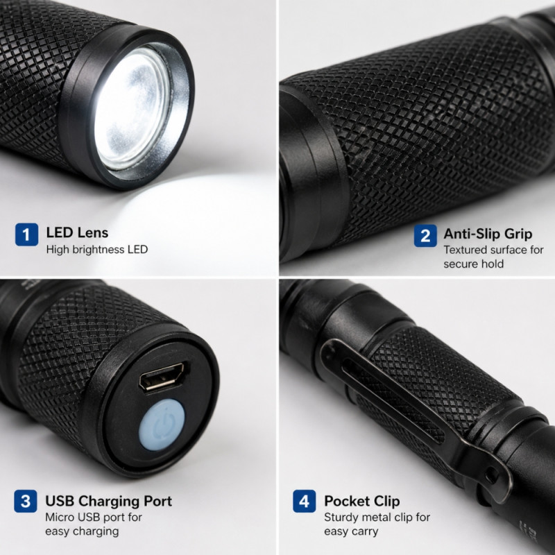 Mini Rechargeable LED Pocket Flashlight – Black (8.5x2cm)