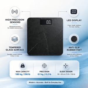 Digital Bathroom Body Weight Scale with Step-On Technology – 26 x 26cm – Black Marble Digital Bathroom Body Weight Scale with Step-On Technology – 26 x 26cm – Black Marble