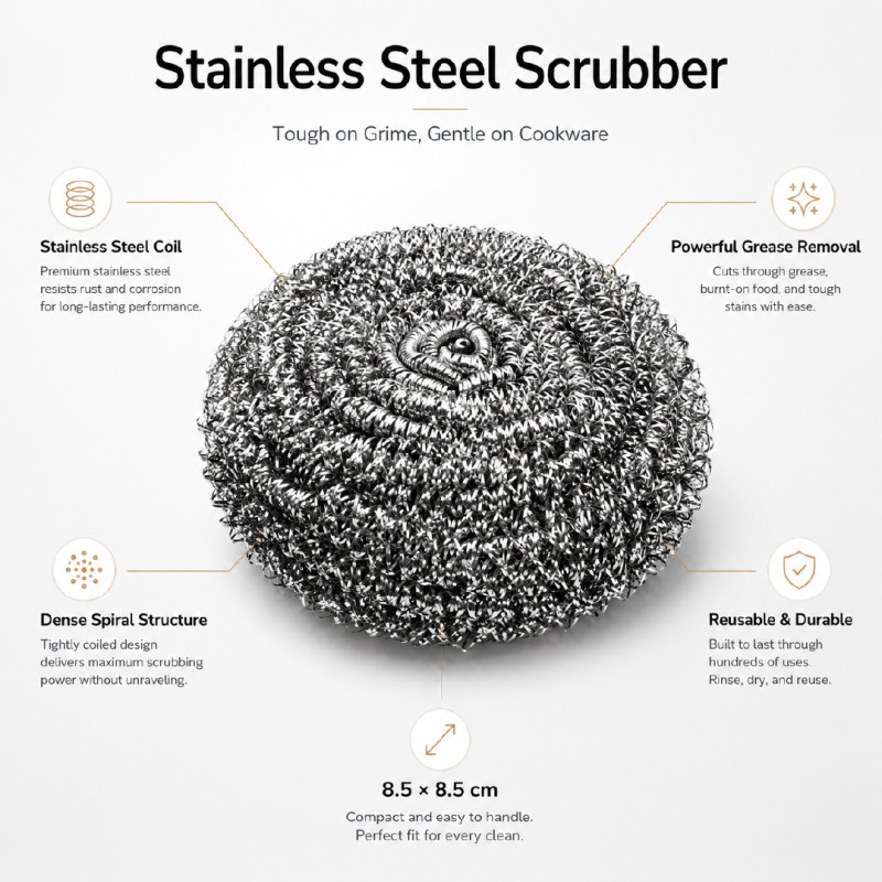 Premium-Quality Stainless Steel Coil Scrubber for Heavy-Duty Kitchen Cleaning – 8.5 x 8.5 cm – 6 Pcs – Silver