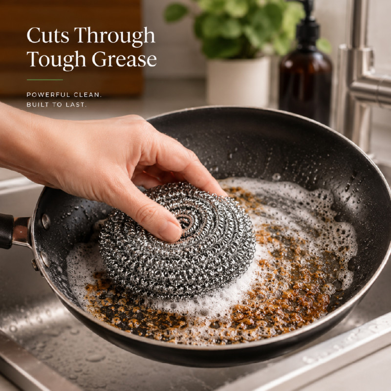 Premium-Quality Stainless Steel Coil Scrubber for Heavy-Duty Kitchen Cleaning – 8.5 x 8.5 cm – 6 Pcs – Silver