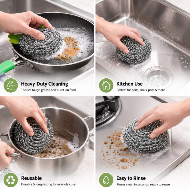Premium-Quality Stainless Steel Coil Scrubber for Heavy-Duty Kitchen Cleaning – 8.5 x 8.5 cm – 6 Pcs – Silver