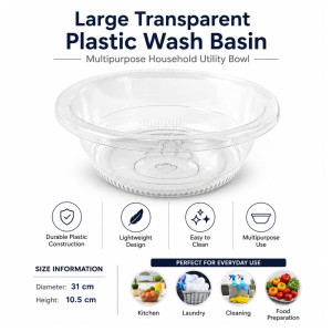 Refined Choice Transparent Plastic Wash Basin Designed for Everyday Cooking &amp; Kitchen Excellence – Transparent (H-10.5, DIA-31 CM)