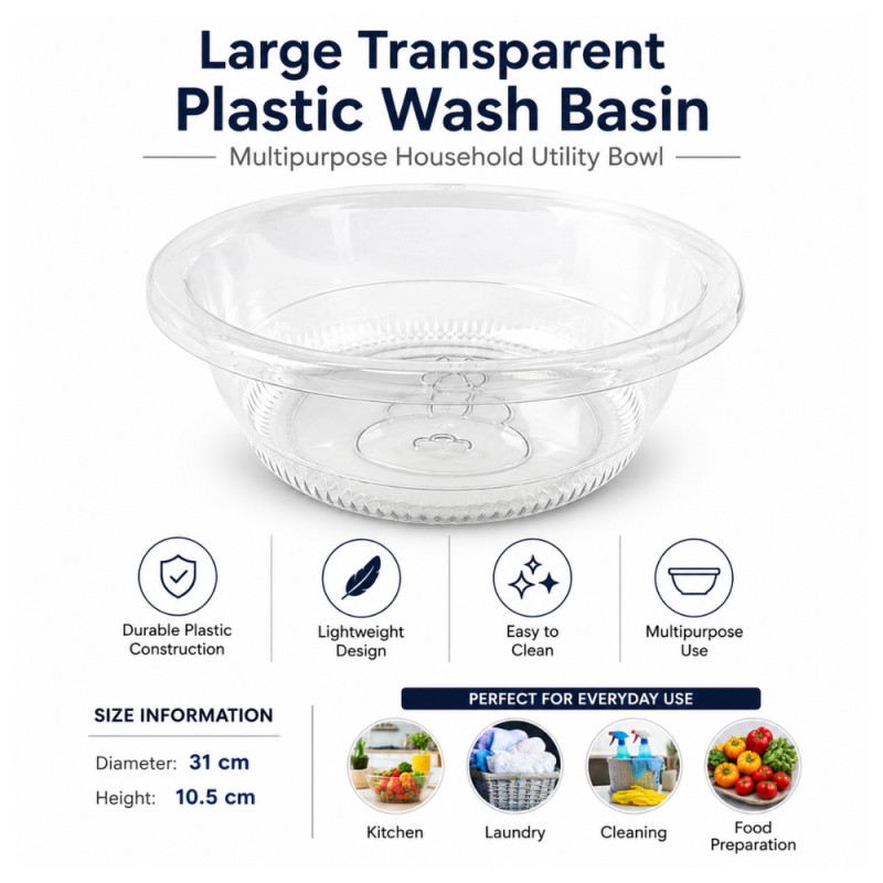 Refined Choice Transparent Plastic Wash Basin Designed for Everyday Cooking &amp; Kitchen Excellence – Transparent (H-10.5, DIA-31 CM)