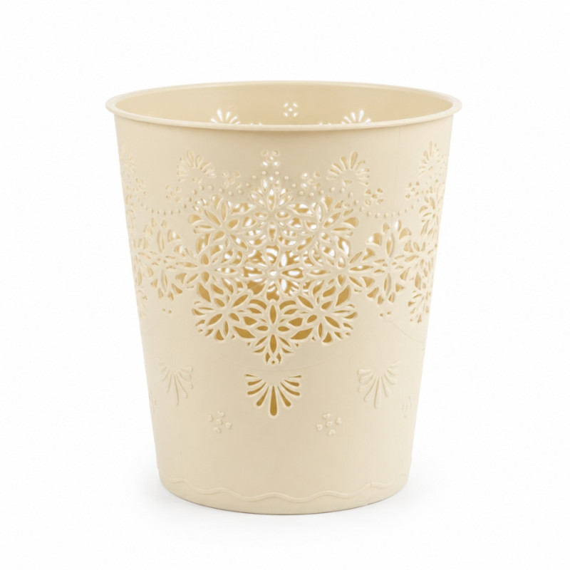 Ivory Floral Cut-Out Plastic Waste Bin – Ventilated Desktop Basket – 18x15cm